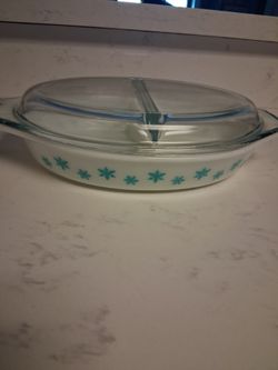 1960s Pyrex White Blue Snowflakes Divided casserole dish