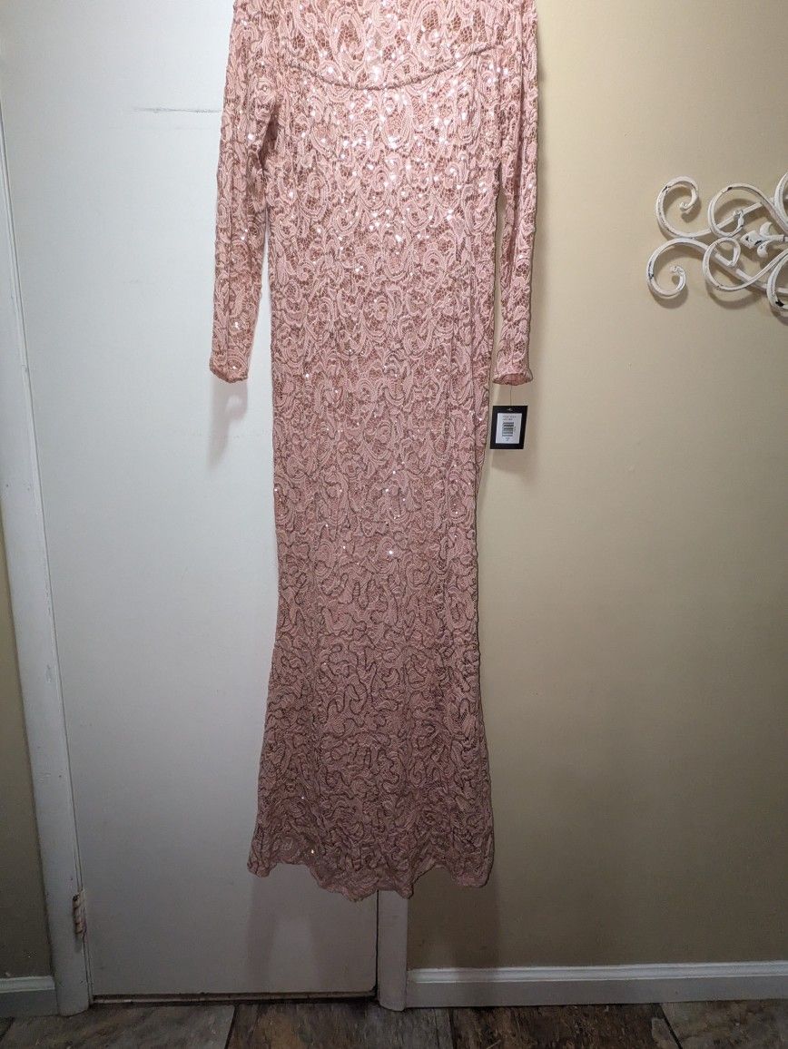 Marina Size 10 Blush Pink Long Gown W Lace Long Sleeves & Sequence