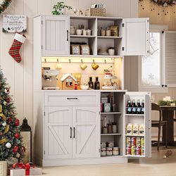 71" Pantry Cabinet, Kitchen Pantry Storage Cabinet with LED Light & Outlet, Kitchen Hutch with Microwave Shelf & 6 Hooks, Door Shelves & Drawer & Adju