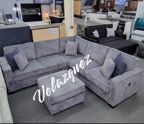 ✅️✅️4 pc dark grey corduroy fabric upholstered sectional sofa with USB plugs and ottoman✅️✅️