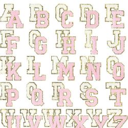 52 Pieces Chenille Letter Patches A-Z Iron on Patches Gold Glitter Border Repair Embroidered Patch for Fabric Clothing Hats Bags Jackets Shirt (Pink, 