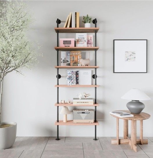 Pipe Industrial Shelves, Wall Mounted Wood Metal Ladder Rustic Bookshelf (Weathered Brown, 6 Tier - 10" D x 30" W x 82.5" H)