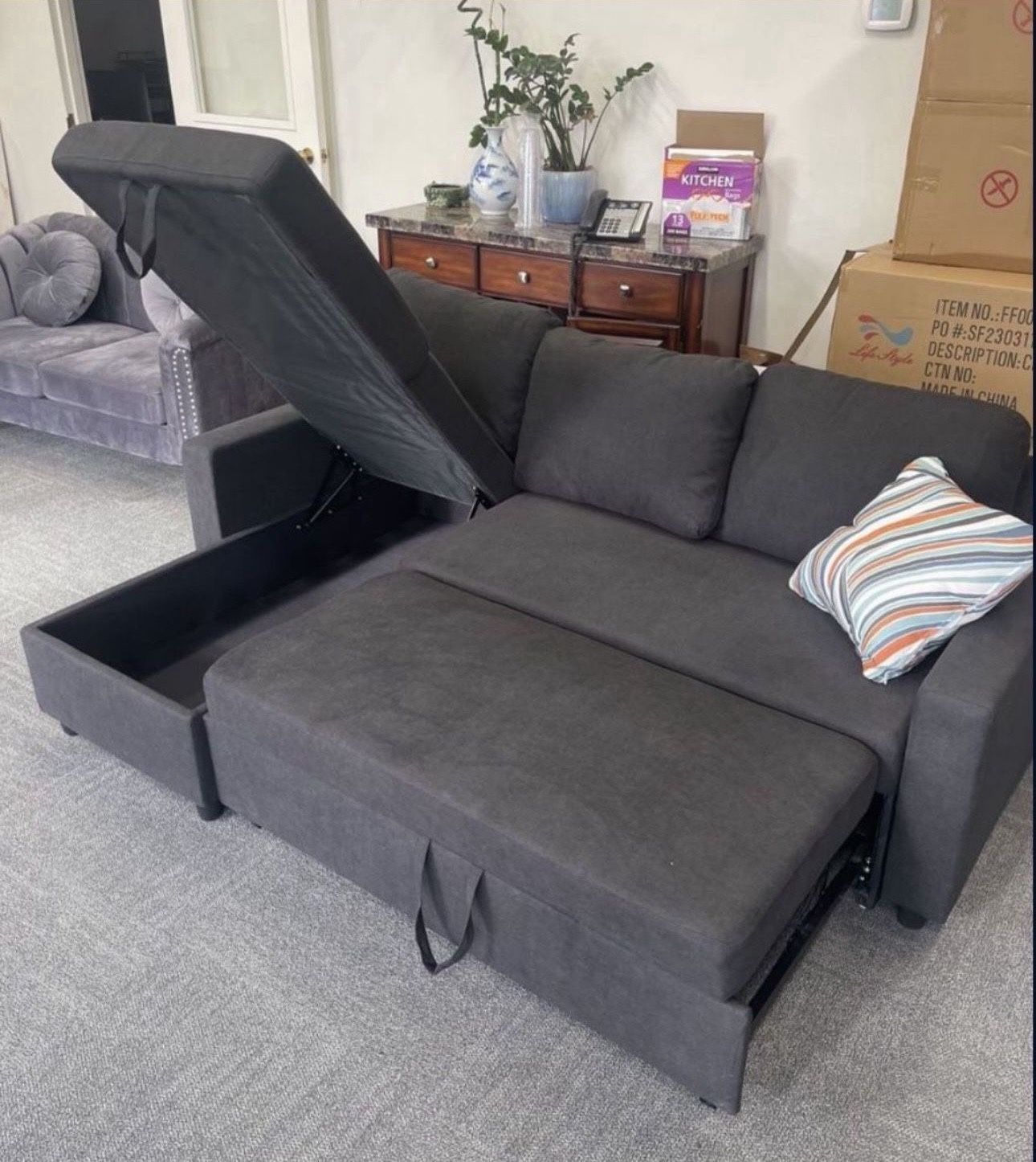 Gray Microfiber Sectional Sleeper Sofa Couch And Ottoman