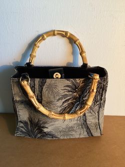 Tropical Palm fabric purse with wooden bamboo handles
