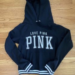 Victoria’s Secret PINK Hoodie Women’s Medium Black LOVE PINK Logo Front Pocket