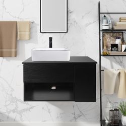28-Inch Black Floating Bathroom Vanity with 1-Door and 1-Drawer, Modern Wall Mounted Cabinet with Square White Ceramic Vessel Sink