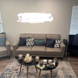 Genuine leather Grey Sofa, Matching Chair, Fabric Accent Chair, And 2 Black Nesting Tables