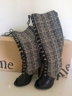 Seductive Peep-Toe Tweed High-Heel Knee Boots