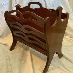 Vintage Butler Style 2 Compartment Mahogany Magazine Rack Stand Wooden Book Caddy