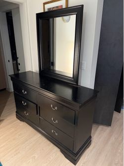 Wooden dresser with mirror 62in