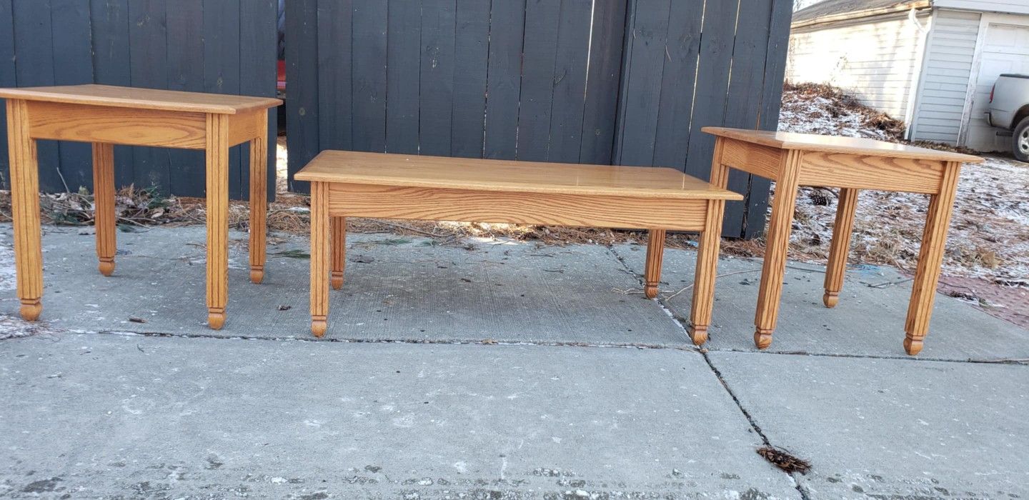 Oak Wood 3 piece Living Room Set - Coffee Table And End Tables