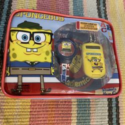 Vtg SpongeBob SquarePants LCD Watch & Calculator Keychain Set Y2K Nickelodeon