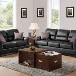 Black Faux Leather Sofa And Love Seat Set 