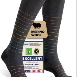 Merino Wool Compression Socks for Women Men, 15-20 mmHg Knee High Socks for Flying, Travel, Running