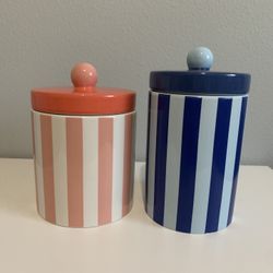 New Set of 2 Colored Striped Ceramic Kitchen Canisters/ Food Storage Jars with Airtight Lids