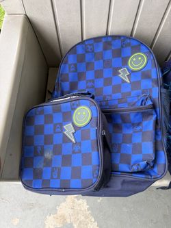 Kids Blue Checkered Backpack and Lunch Box Set