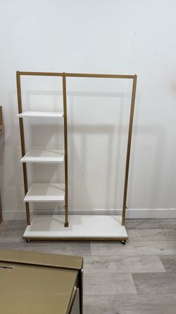 Gold and White Clothing Rack with Shelves