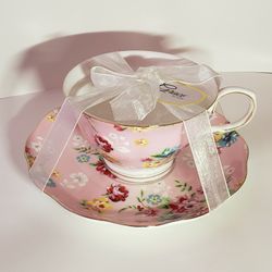GRACE TEAWARE Teacup & Saucer Flower Pink Rose Gold Rim 8 oz NEW without tag. 
