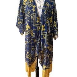 LuLaRoe Large Monroe Kimono •Sheer Chiffon Oversized Cut-Fringe Hem •Blue & Gold