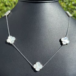 Jewelry 925 sterling silver Van cleef style MOP clover shape necklace 36” 1mm