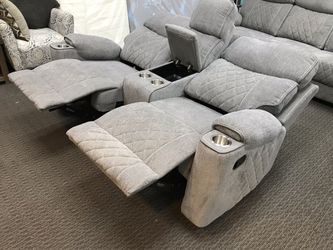 Grey sofa and loveseat recliner set with usb charging