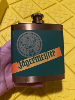 Jagermeister 5oz Flask Green & Brass Metal Liquor Pocket Flask
