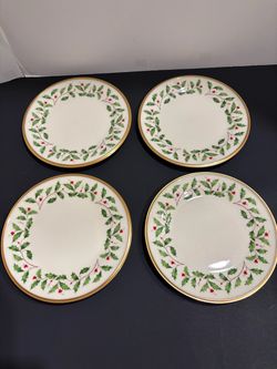 Set of 4 Lenox Holiday 8" Salad Plates - Made in USA - Good Condition