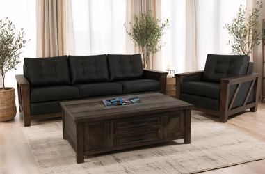 Modern Rustic Walnut Sofa with Tufted Faux Leather and Wooden Frame