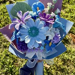 Crochet blue Gerbera, white and purple Iris bouquet