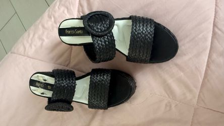 Franco Sarto Women’s Black Leather Wedge Slide Sandals Braided Buckle 10
