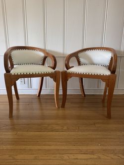 Pair of Vintage Art Deco Wood Armchairs with White Upholstery
