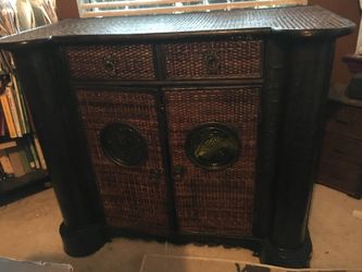 Antique Cherry Storage Cabinet w/ Wicker Braided Design & Jade Glass in Knobs & Doors