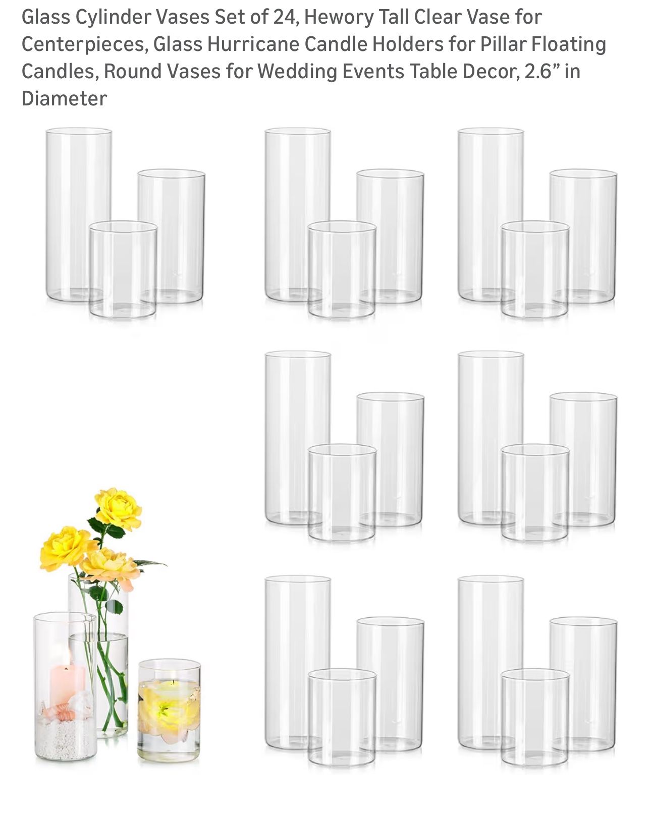 New Glass Cylinder Vases Set of 24, Hewory Tall Clear Vase for Centerpieces, Glass Hurricane Candle Holders for Pillar Floating Candles, Round Vases f
