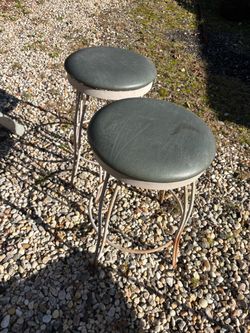 Pair of Vintage Metal Stools with Green Cushions