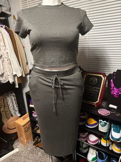 Gray Crop Top and Midi Skirt Set