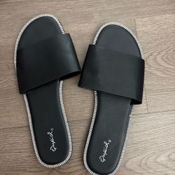 Qupid Black Slide Sandals with Rhinestone Trim