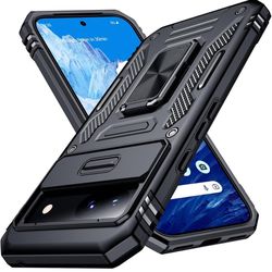 Renmou Designed for Google Pixel 8a Case with Slide Camera Cover, [360°Rotated Ring Kickstand] [Military Grade Drop Protection] Shockproof Protective 