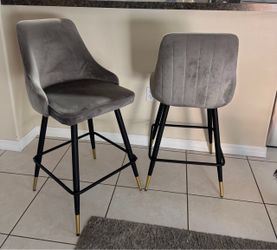 Gray Velvet Bar Stools with Gold Tips – Set of 2
