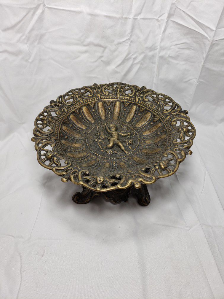 Vintage Art Nouveau Solid Brass Dish - Decorated With Ornate Cherub - Very Heavy. Great condition.  Smoke free home.