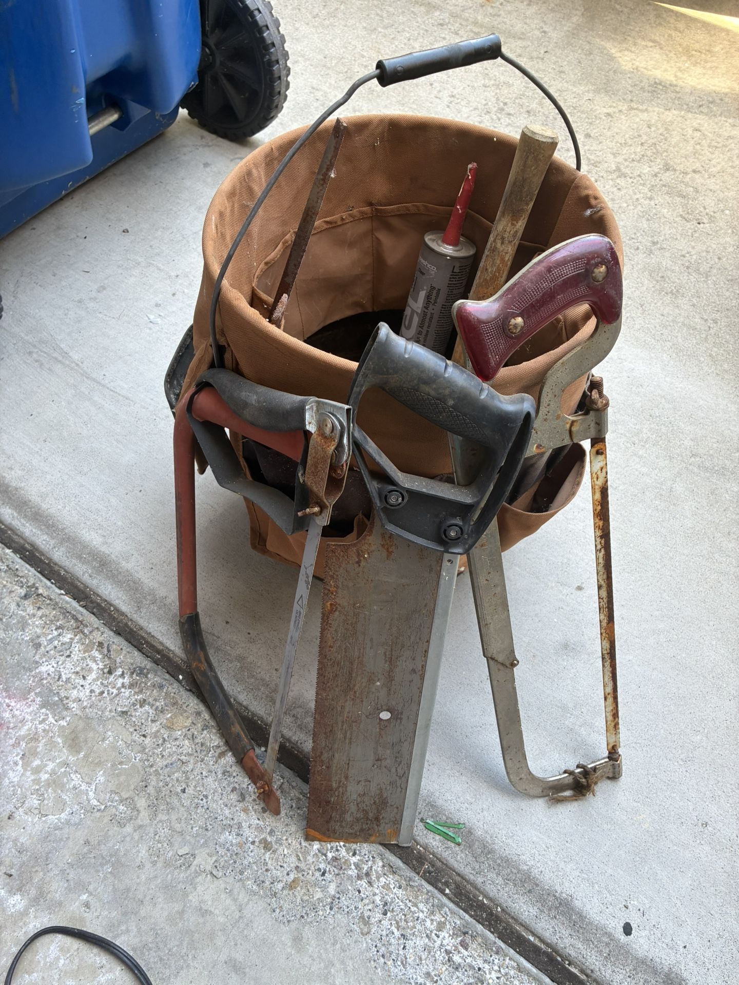 Tool Box Bucket Three Saws And More Tools