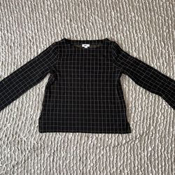 J Jill Ponte Black Camel Plaid Windowpane Long Sleeve Boat Neck Top  Womens Small