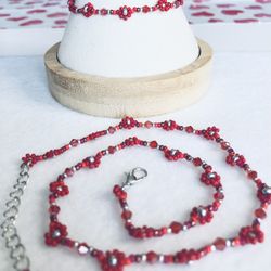 Red Flower Choker Necklace Bracelet Set Daisy Crystal Silver Y2K Boho New