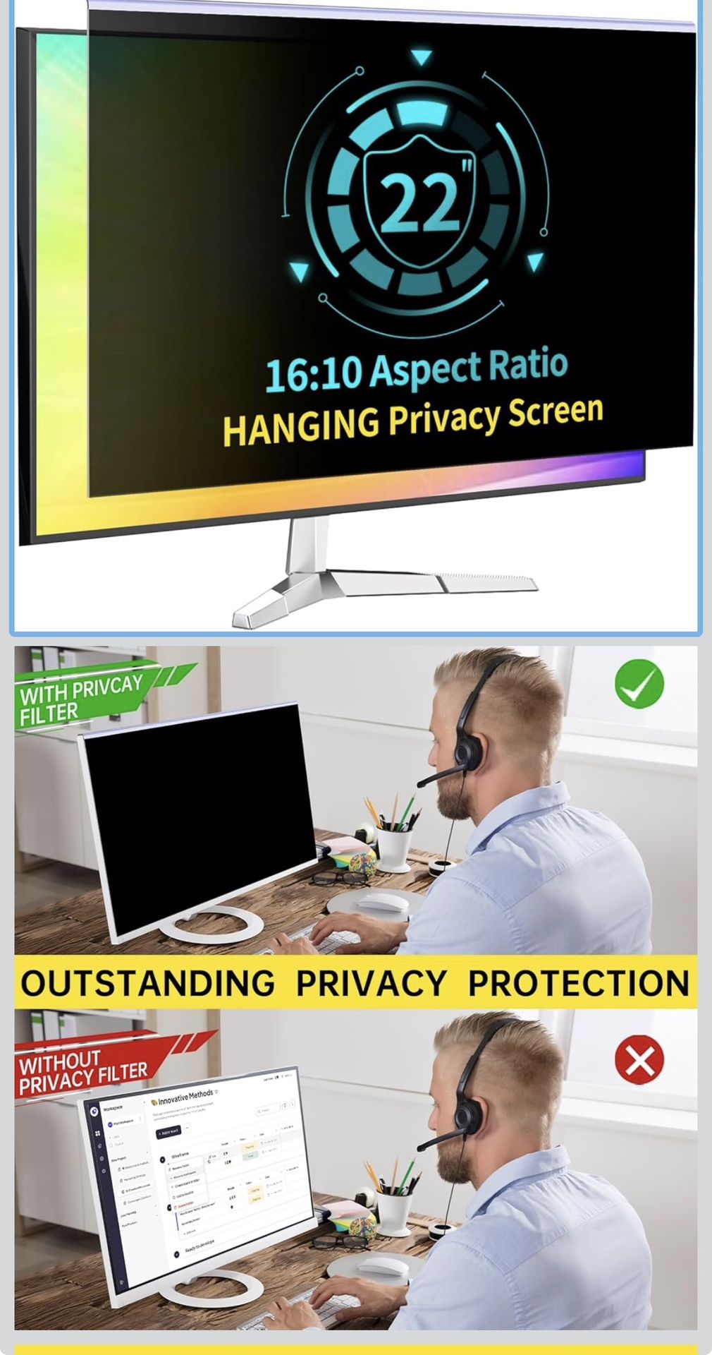 22 Inch Computer Privacy Screen for 16:10 Computer Monitor, Anti-Blue Light Monitor Privacy Screen Filter, Anti-UV Computer Shield, Hanging Type