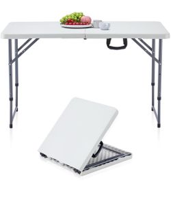NEW  4 Foot Folding Table, Portable Rectangle Card Table, Indoor Outdoor Plastic Fold-in-Half Utility Table with Carrying Handle, Adjustable Height Fo