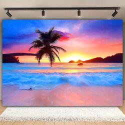 1p, Beach Backdrop Seaside Palm Tree Modern Background Photo Props, Polyester Banner Decor