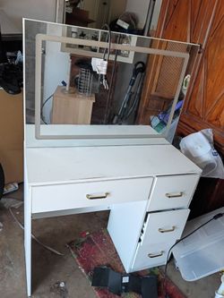 White Vanity Desk with Mirror and Drawers