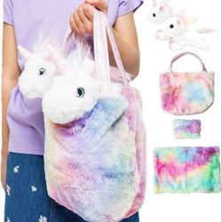 Brand New Mommy & Baby Unicorn Gift for Girls 4 yrs and above -  Stuffed Unicorn Toy Set w/ 2 Plush Toys - Rainbow Purse Bag, Doll Pillow, Blanket