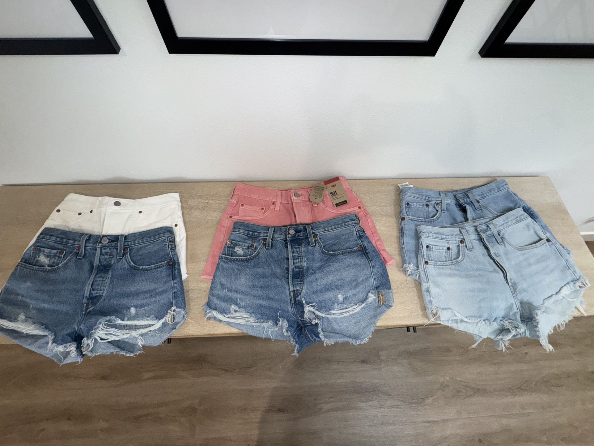Levi’s 501 High Rise Shorts 3 pairs size 27 3 pairs size 28 Most never worn, a couple worn a few times. Pink pair and white pair were originally $55