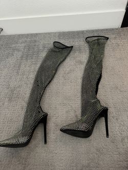 Black Thigh High Fishnet Heels - Size 8 NEW!