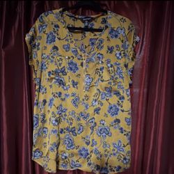 Ellen Tracy Yellow Blue Floral Print Zip Neck Crepe Blouse XL Short Cap Sleeve